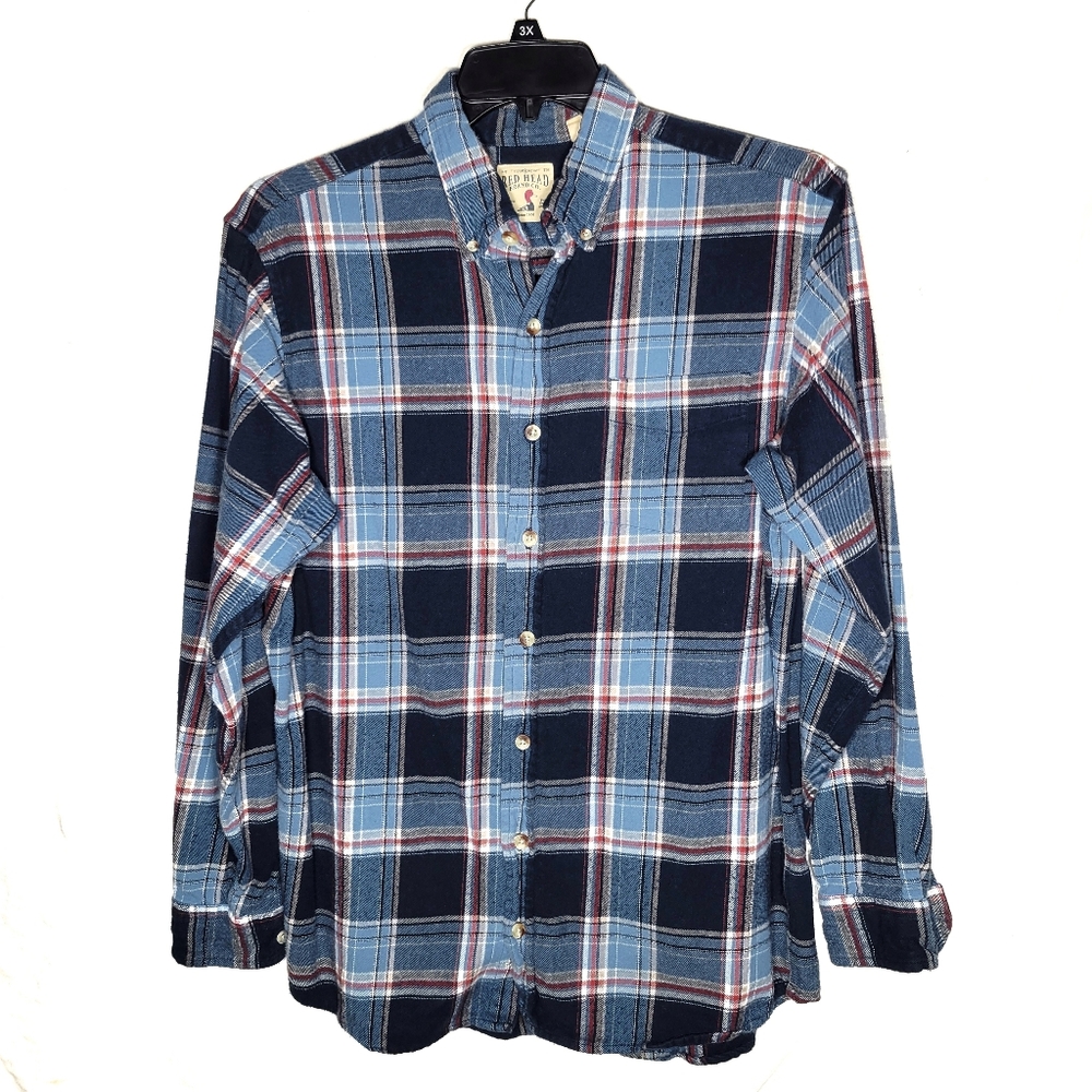 Large tall blue plaid flannel longsleeve shirt button down casual men's L